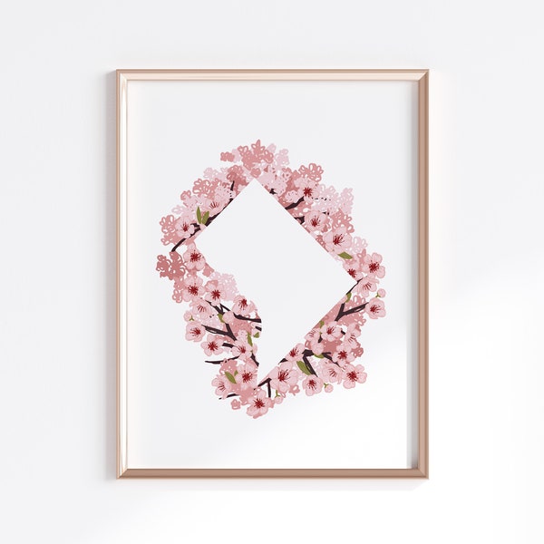 Washington DC Print - Cherry Blossoms // State Map Silhouette