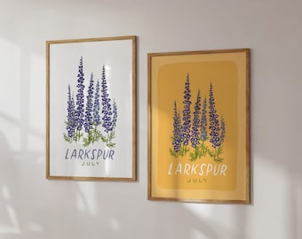 Larkspur - July Birth Month Flower - Floral Illustration Art Print