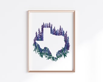 Texas State Print - Bluebonnets // State Map Silhouette