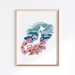 Impresión de Japón: Olas del océano y flores de cerezo // Silueta de mapa del país