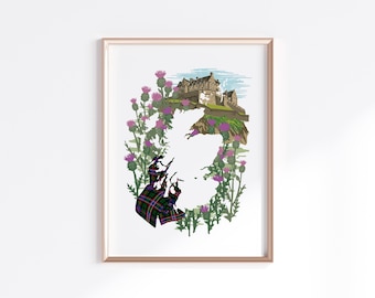 Scotland Print - Castle and Tartan // Country Map Silhouette