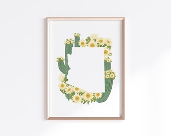 Arizona State Print - Saguaro Flower // State Map Silhouette