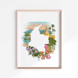 Colombia Print - Landscape + Flowers // Country Map Silhouette