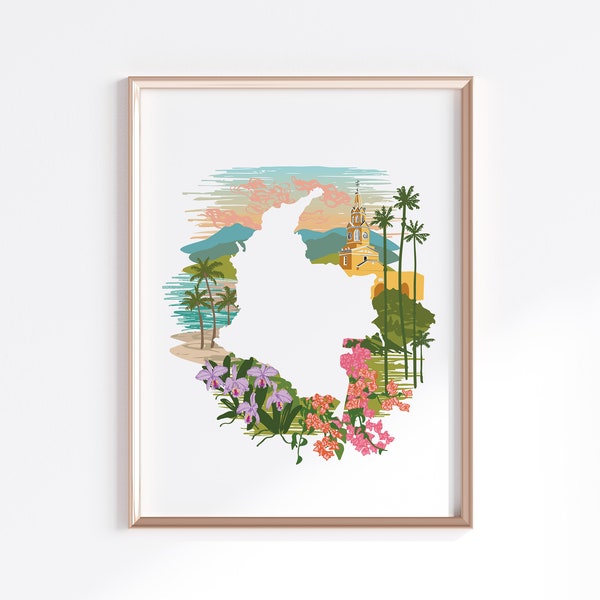 Kolumbien Print - Landschaft + Blumen // Landkarte Silhouette