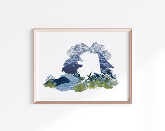 Alaska State Print - Forget-Me-Nots & Mountains // State Map Silhouette