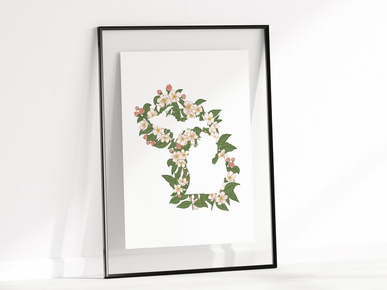 Michigan State Print - Apple Blossom // State Map Silhouette - Etsy