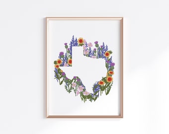 Texas State Print - Wildflowers // State Map Silhouette