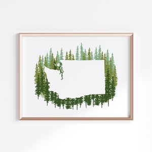 Print staat Washington - groene dennen // staatskaart silhouet