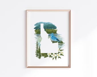 Idaho State Print - Bluebird, Syringa, Priest Lake // State Map Silhouette