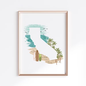 Impression de l'état de Californie - plage//Silhouette de carte de l'état