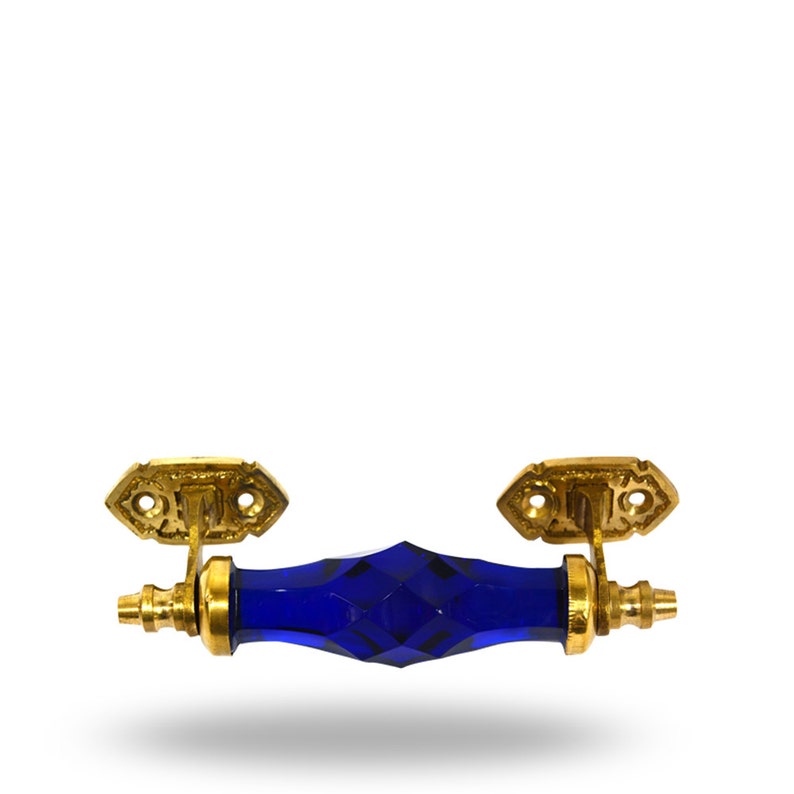 Decorative Door Handle for a Cabinet Dark Blue Glass Furniture Handle with Brass Fittings Cupboard or Drawer Unique Glass Handle