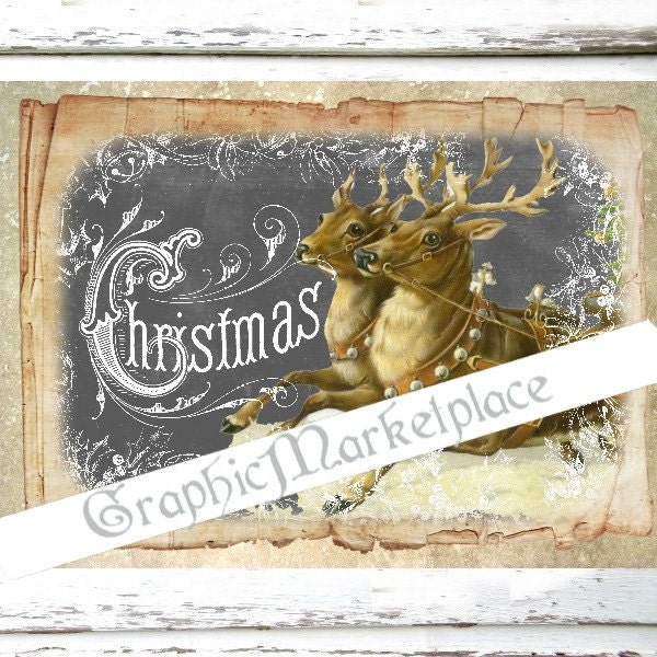 Chalkboard Christmas Reindeer Deer Old Paper Large Image Etsy