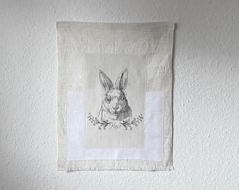 Vintage Wall Hanging Bunny Flour Sack Antique Linen Grain Sack Wasi Sabi Tapestry