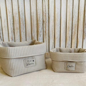 personalisiertes Utensilo hellbeige Waffelpique Körbchen Organizer Stoffkörbchen Wickeltisch Farbwahl