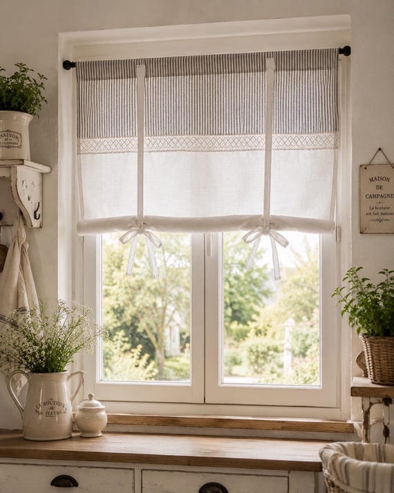 Skandinavisch, Raffrollo, Streifen, gestreifte Gardine, grau, weiß, beige, Vorhang, vintage, Scheibengardine, Raffgardine, Shabby, Landhaus