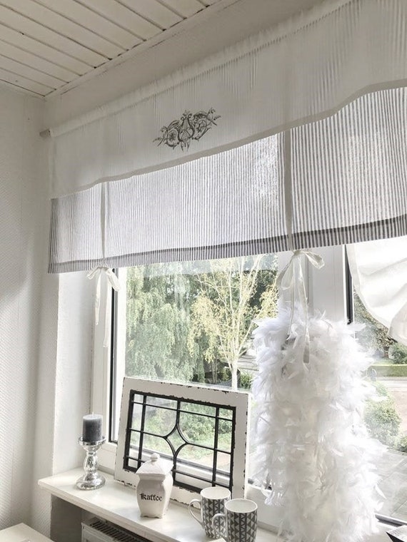 Gardine Raffrollo Streifen gestreift grau beige weiß Landhaus Shabbychic