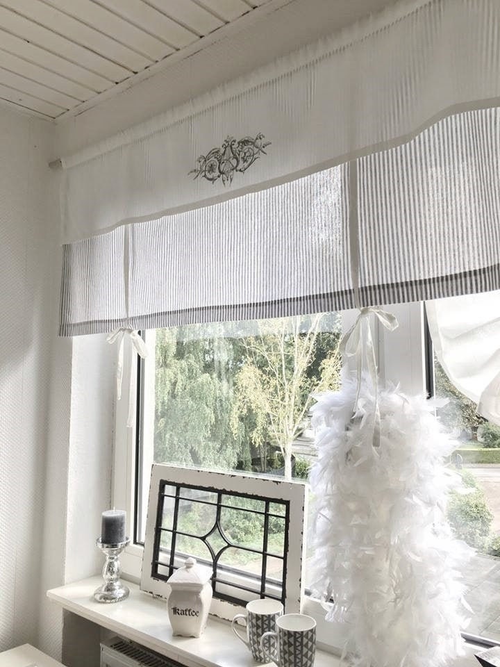 Curtain Roman blind stripes striped grey beige white country house shabby chic