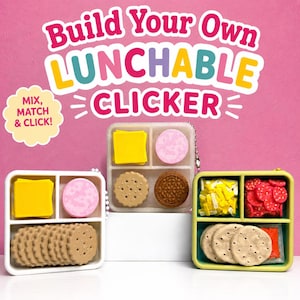 May include: Three square, multi-compartment containers filled with miniature food items including yellow squares, pink circles, brown textured cookies, yellow strips, red slices, and tan crackers. The text reads Build Your Own LUNCHABLE CLICKER.