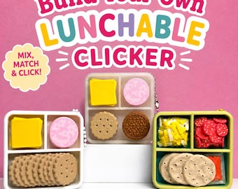 Puede incluir: Tres recipientes cuadrados de varios compartimentos llenos de alimentos en miniatura, incluyendo cuadrados amarillos, círculos rosas, galletas marrones texturizadas, tiras amarillas, rodajas rojas y galletas saladas beige. El texto dice Build Your Own LUNCHABLE CLICKER.