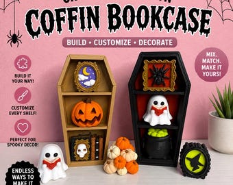 Puede incluir: Dos estanterías de madera con forma de ataúd, una beige y otra negra, con tres estantes cada una. Los estantes contienen decoraciones en miniatura como una calabaza, un fantasma leyendo un libro, una calavera y cuadros. Texto: CREATE YOUR OWN COFFIN BOOKCASE.