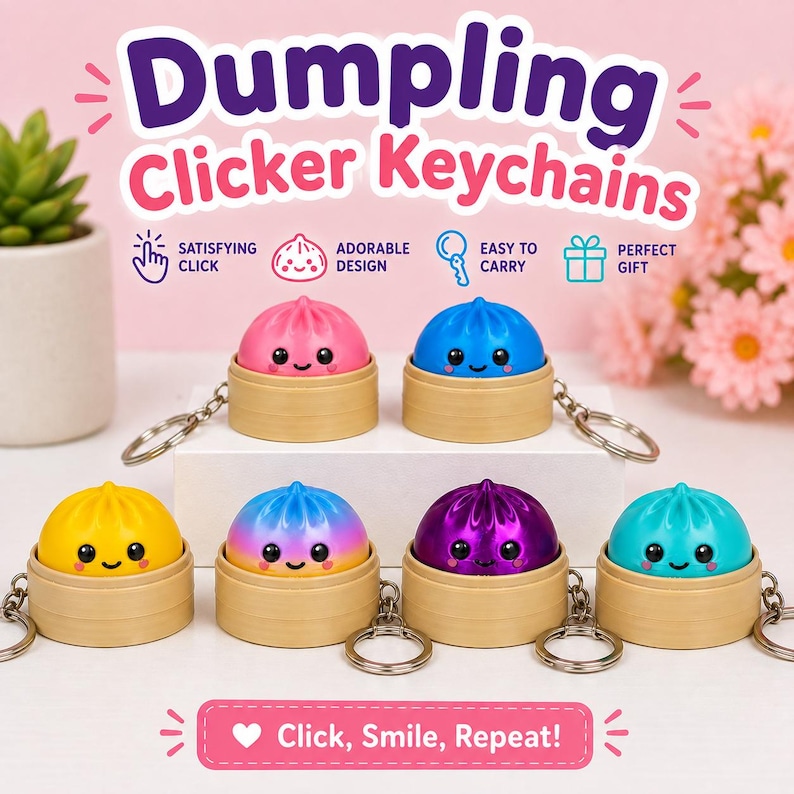 Puede incluir: Siete llaveros tipo click con forma de dumpling en varios colores como rosa, azul, amarillo, morado y turquesa. Cada llavero muestra un dumpling redondo con cara sonriente dentro de una base de vaporera de bamb&uacute; color canela con anilla.