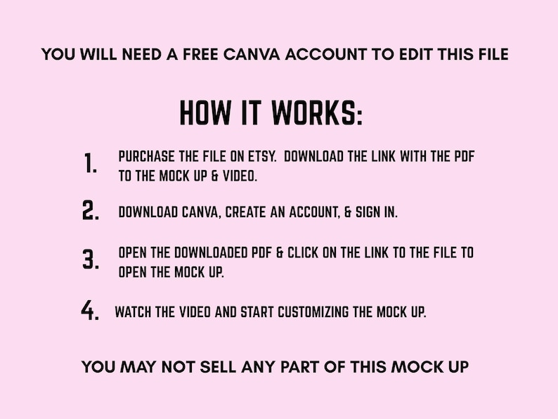 May include: A pink background with black text providing instructions for using a Canva mock-up file. The text includes steps on purchasing, downloading, and customising the file. The text also states that you may not sell any part of this mock up.