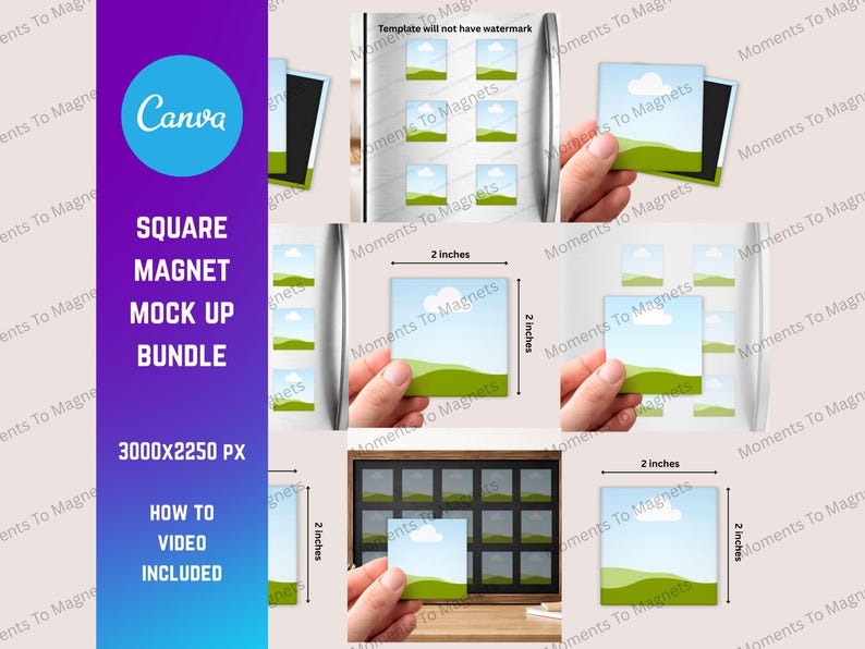 Square Magnet Mockup Bundle | Canva Drag and Drop Mockup Template | Fridge Magnet | Photo Magnet Mockup | Canva Mockup | Magnet Template image 1