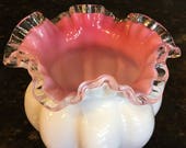Vintage Fenton Cased Pink and White Ruffled Edged Milk Glass Melon Bowl, Mid Century Silver Crest, Pink Cased Glass Bowl