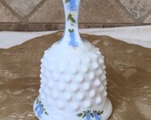 Fenton Hobnail White Milk Glass Bell Handpainted Blue Floral Motif, Excellent Condition, 1950 39 s