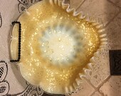 Mt Washington Ruffled Edge Gold-fleck Brides Basket Bowl Yellow White Cased Glass c.1910