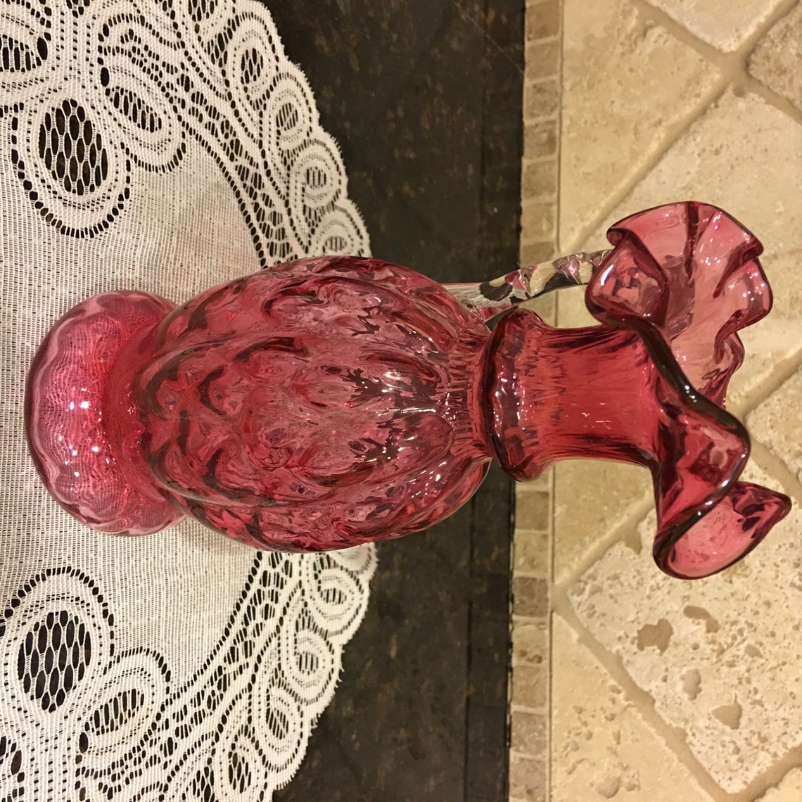 Vintage Fenton Cranberry Quilt Dimple Ruffled Edge 8.5 Inch Pitcher