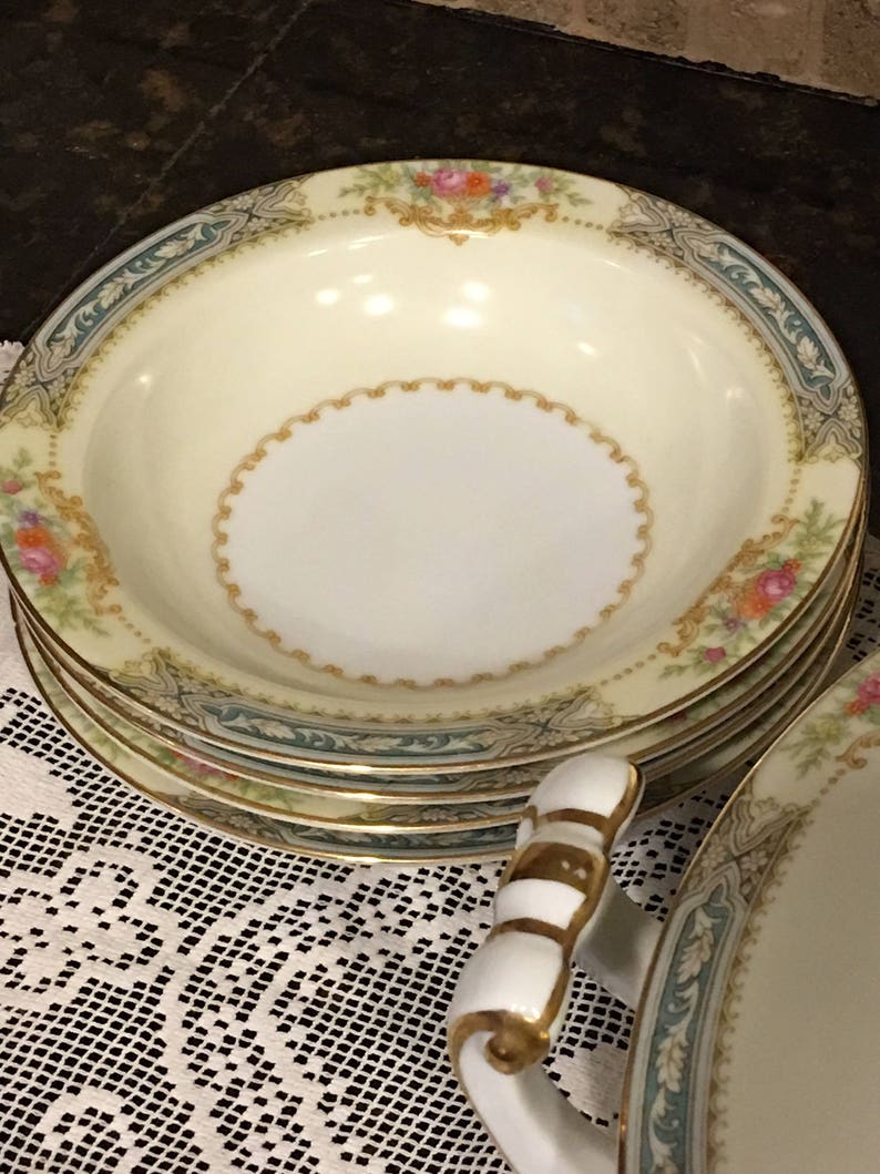Occupied Japan Noritaki Blue Band Floral Soup Tureen and Vegetable Bowl Dish Set~ 11 pieces!!