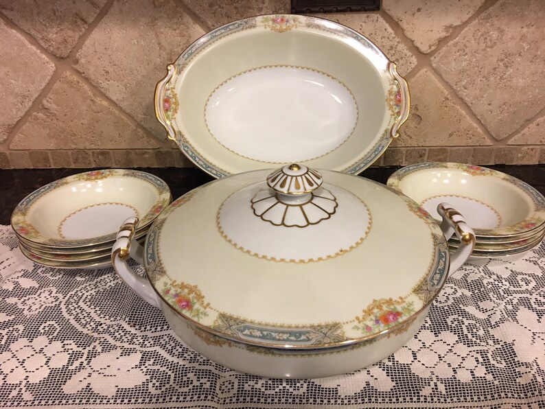 Occupied Japan Noritaki Blue Band Floral Soup Tureen and Vegetable Bowl Dish Set~ 11 pieces!!