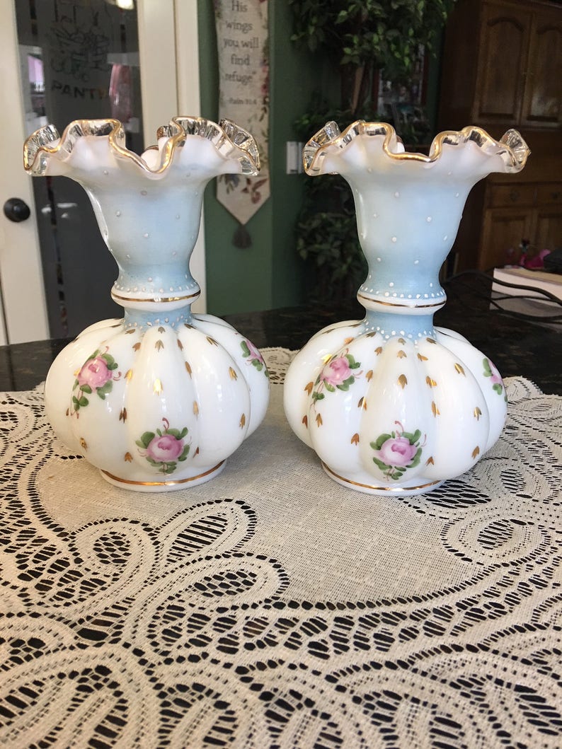 Two Fenton Charleton Roses And Gold Blue Neck Vases 6 Inches Etsy
