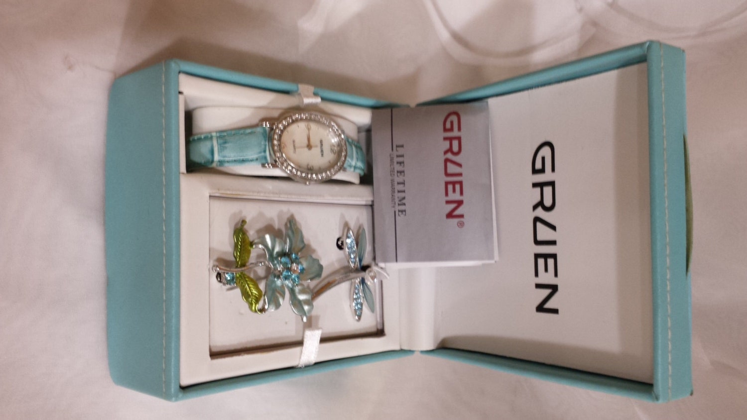 NEW Gruen Aqua Blue Watch & Pins Boxed Set Dragonfly Flower NEW Gruen Watch and 2 Pin Brooches Teal Drangonfly and Teal  main image 3