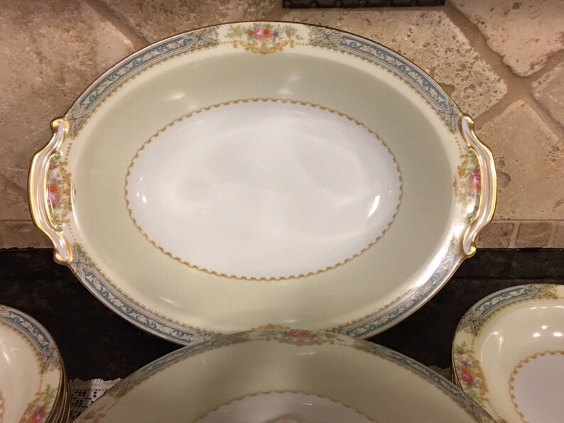Occupied Japan Noritaki Blue Band Floral Soup Tureen and Vegetable Bowl Dish Set~ 11 pieces!!