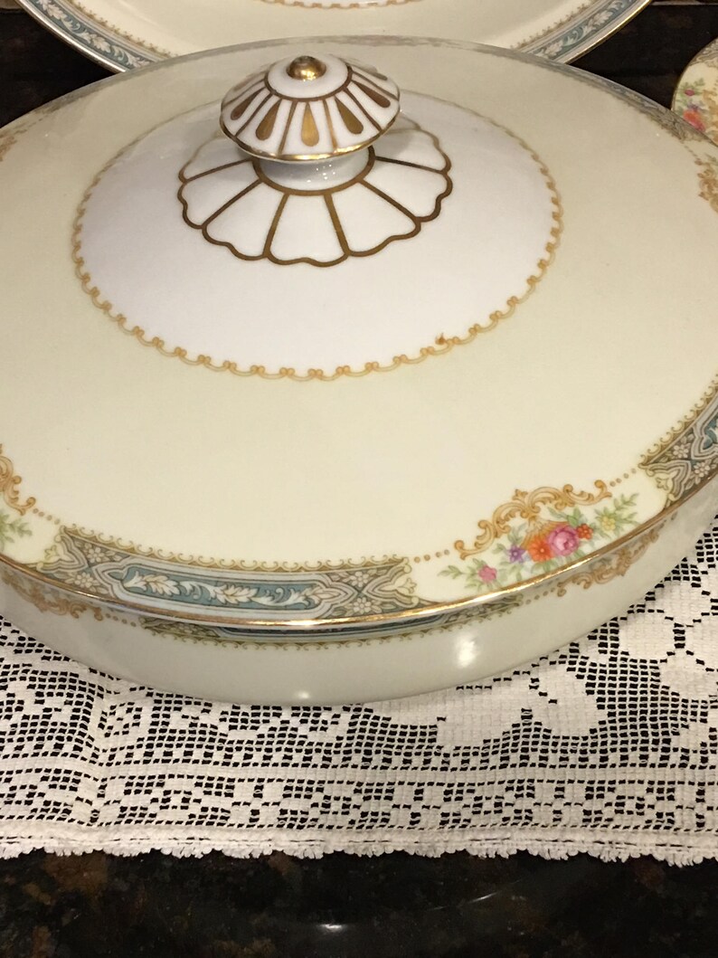 Occupied Japan Noritaki Blue Band Floral Soup Tureen and Vegetable Bowl Dish Set~ 11 pieces!!