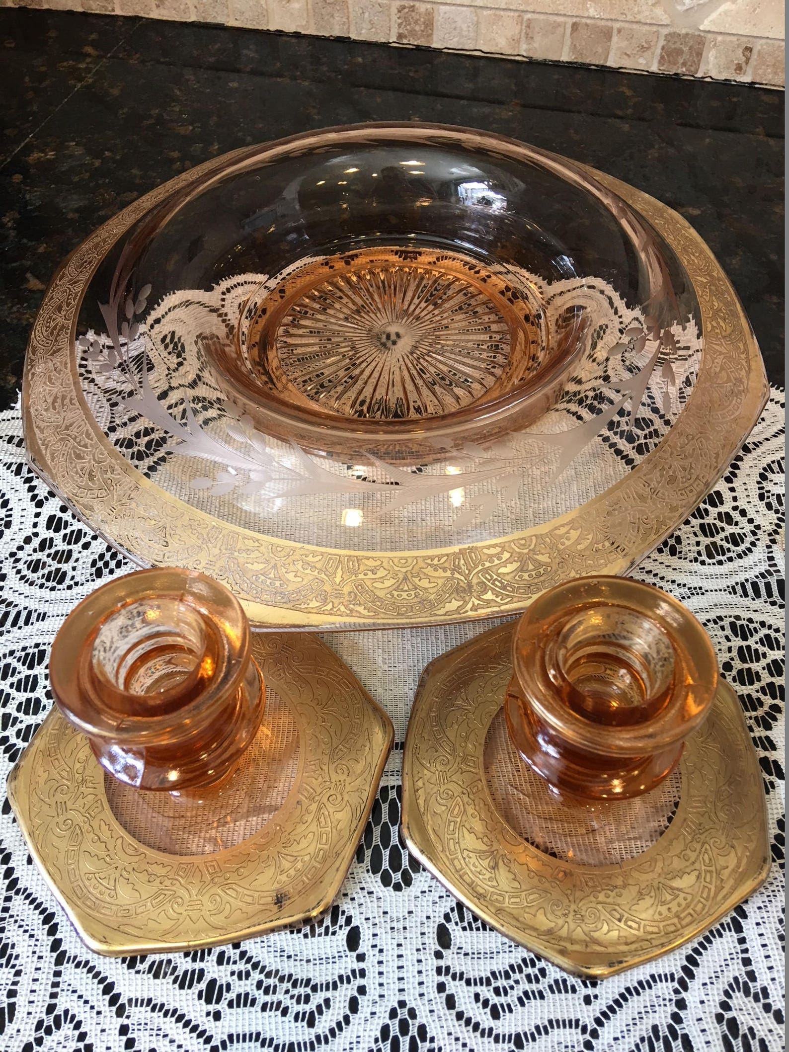 Pink Depression Etched Glass Rolled Console Bowl With Gold Trim 8 Sides