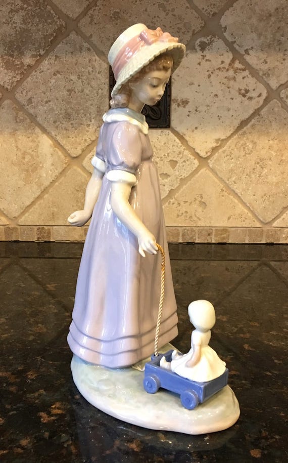 Lladro Girl With Toy Wagon 5044 - Retired - Pulling Doll Carriage