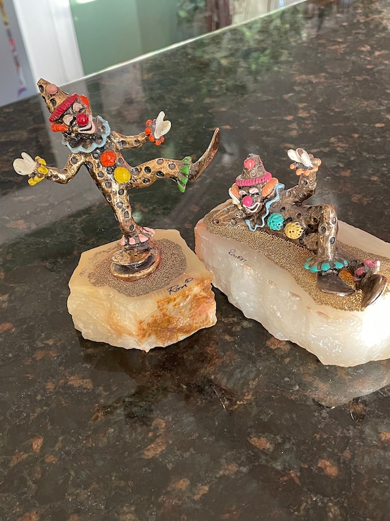 2 Ron Lee 24K Gold Plated Clowns, Onyx Base, Pinky the Clown Lying