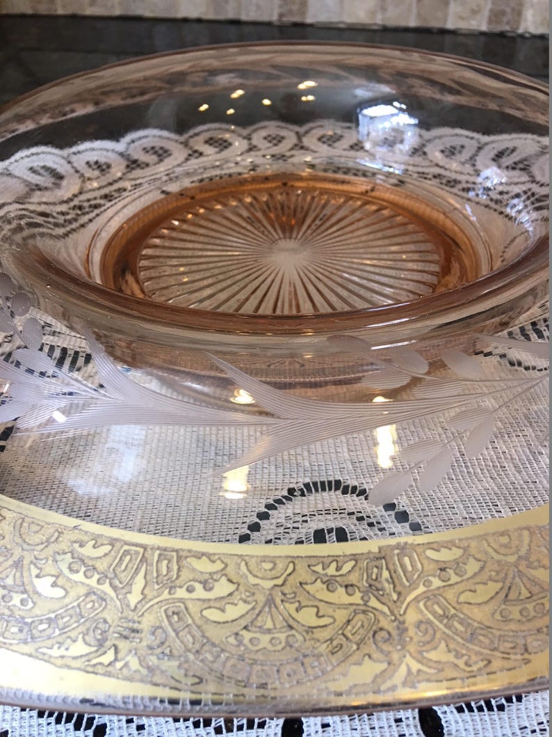 Pink Depression Etched Glass Rolled Console Bowl With Gold Trim 8 Sides