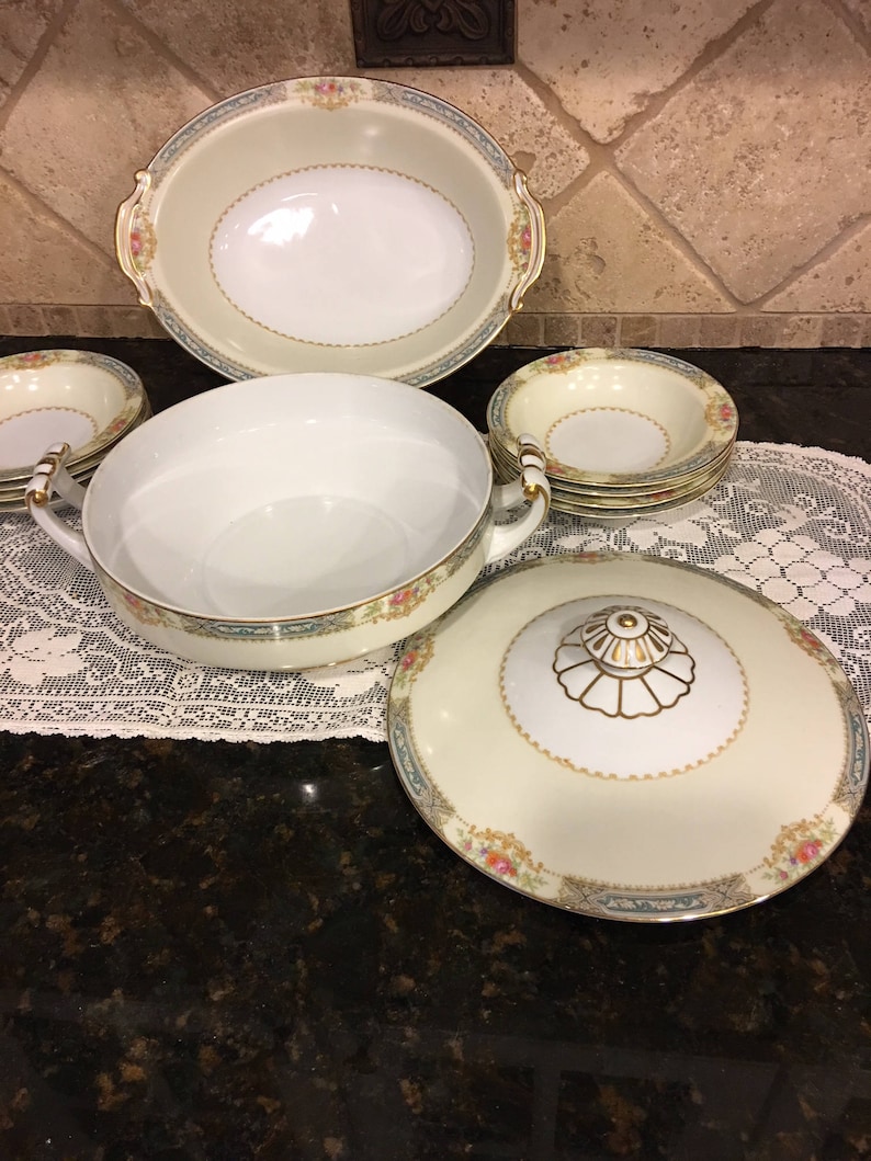 Occupied Japan Noritaki Blue Band Floral Soup Tureen and Vegetable Bowl Dish Set~ 11 pieces!!