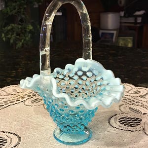 Vintage Fenton Blue Opalescent Hobnail Ruffled Basket with Bamboo Handle