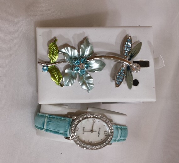 NEW Gruen Watch and 2 Pin Brooches Teal Drangonfly and Teal  display picture 2
