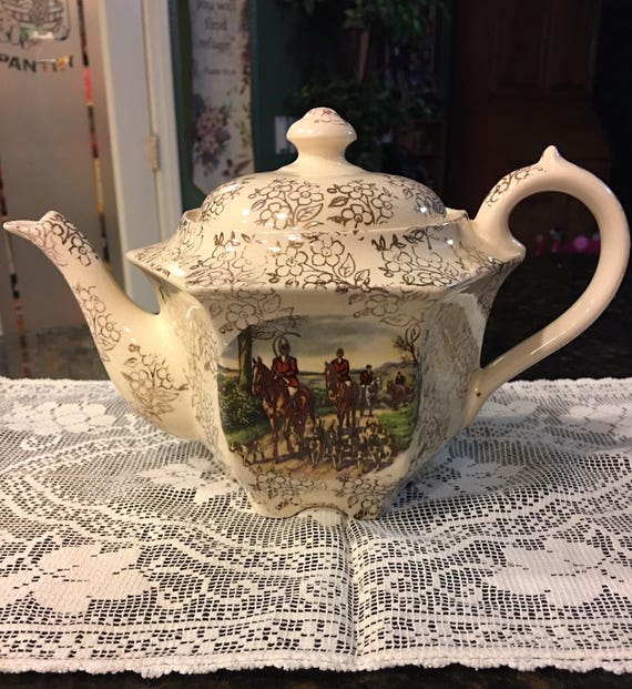 Pottery Vintage Sadler Hexagonal Teapot With Hunting Scene & Gold