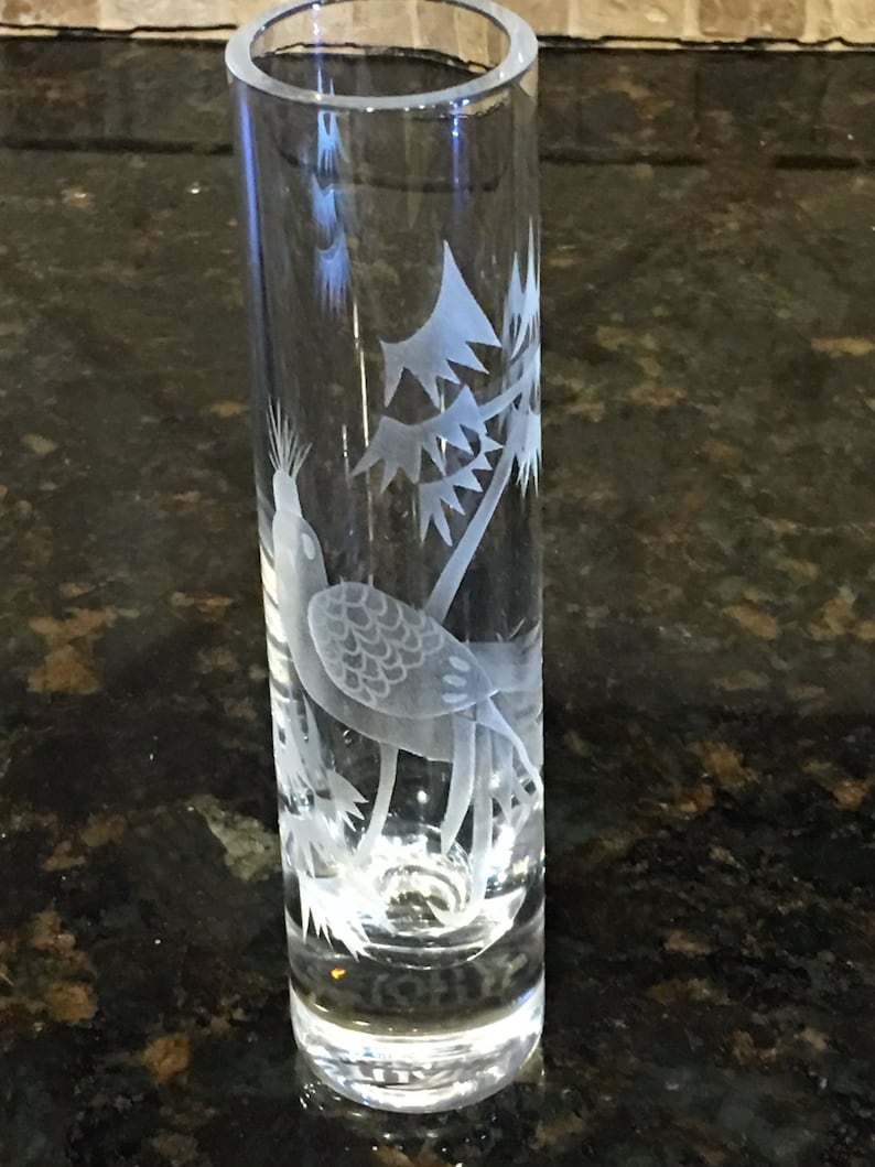 Crystal Stuart Strathearn Small Glass Tube Vase With Etched Birds