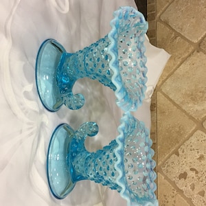 Fenton Blue Opalescent Hobnail Large #3874 Cornucopia Candlesticks