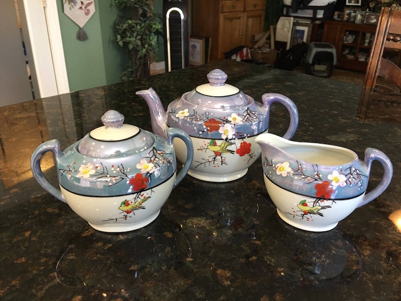 Vintage Nippon Lusterware Teapot Set with Sugar Bowl and Creamer