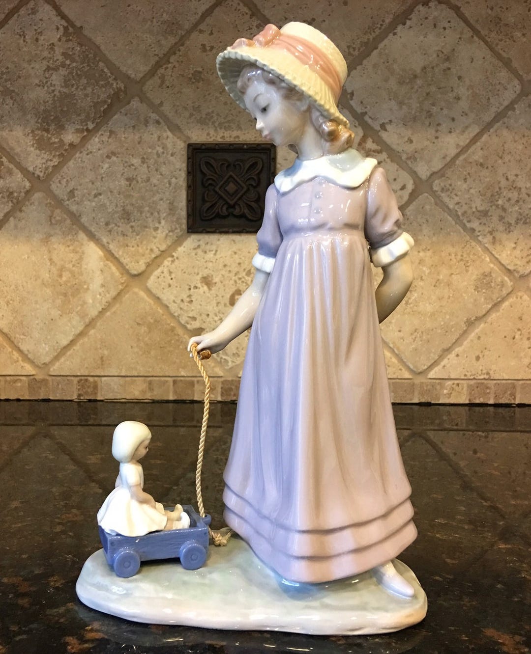 Lladro Girl With Toy Wagon 5044 - Retired - Pulling Doll Carriage