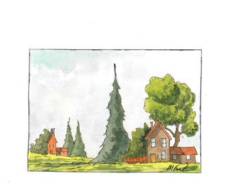 Acuarela original, "Abrazo del Cielo", 6,35 x 8,9 cm, coleccionable de ACEO. Paisaje, casas, colinas, árboles, colores otoñales y montañas.